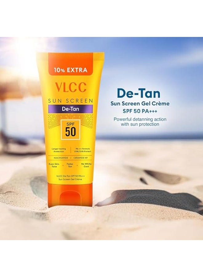 فى ال سي سي كريم جل واقي من الشمس VLCC All Skin De-Tan SPF 50 PA+++ - 100 غرام + 10 غرام إضافية | مع مستخلصات الخيار والجزر والساكسيفراجا | يعزز الإشراق، ويحمي من أشعة UVA وUVB، ويساعد على تقليل البقع الداكنة. - Image 2